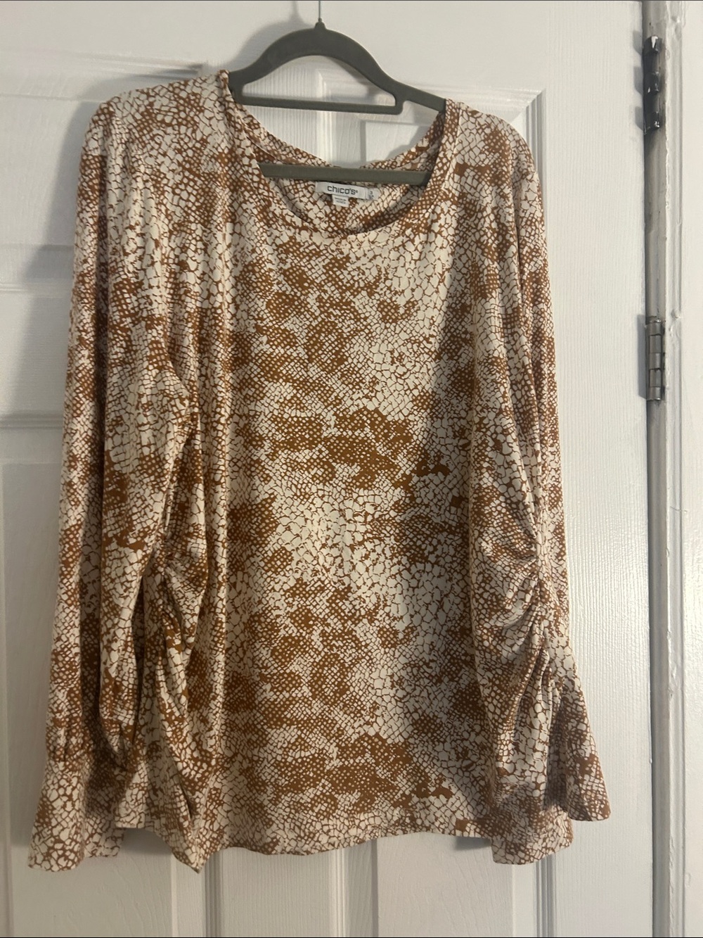 Chico's Cream and Brown Textured-Print Long Sleeve Tee